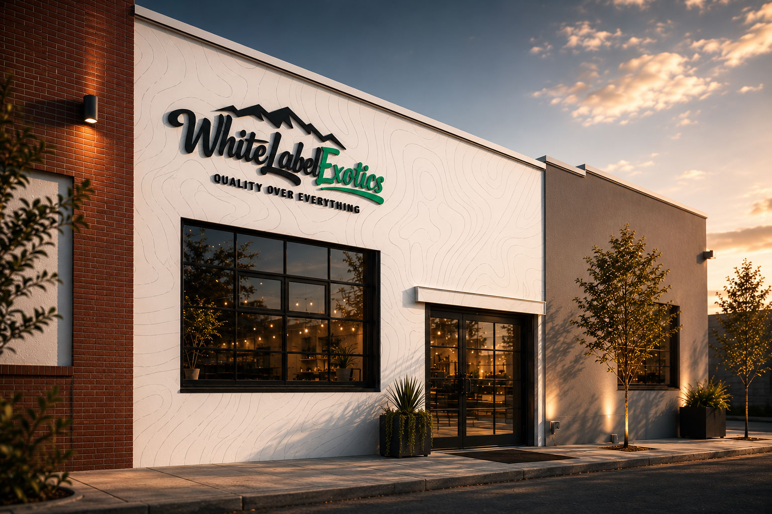 White Label Exotics THCA dispensary storefront at dusk at 186 Coxe Ave in Asheville's South Slope